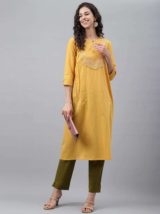 Yellow Dobby Cotton Solid A-Line Kurta