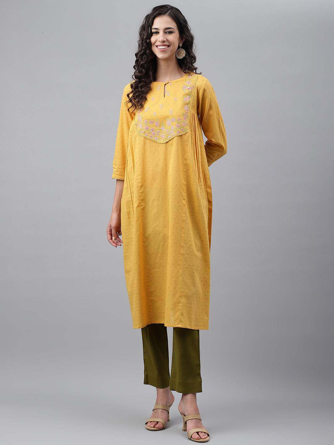 Yellow Dobby Cotton Solid A-Line Kurta