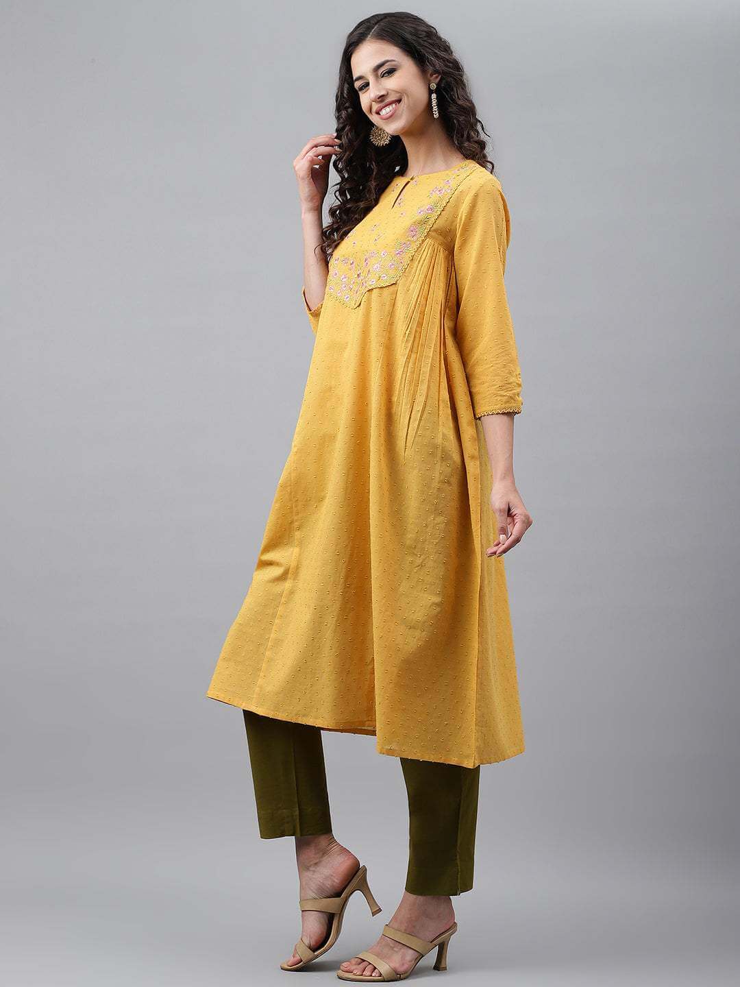 Yellow Dobby Cotton Solid A-Line Kurta