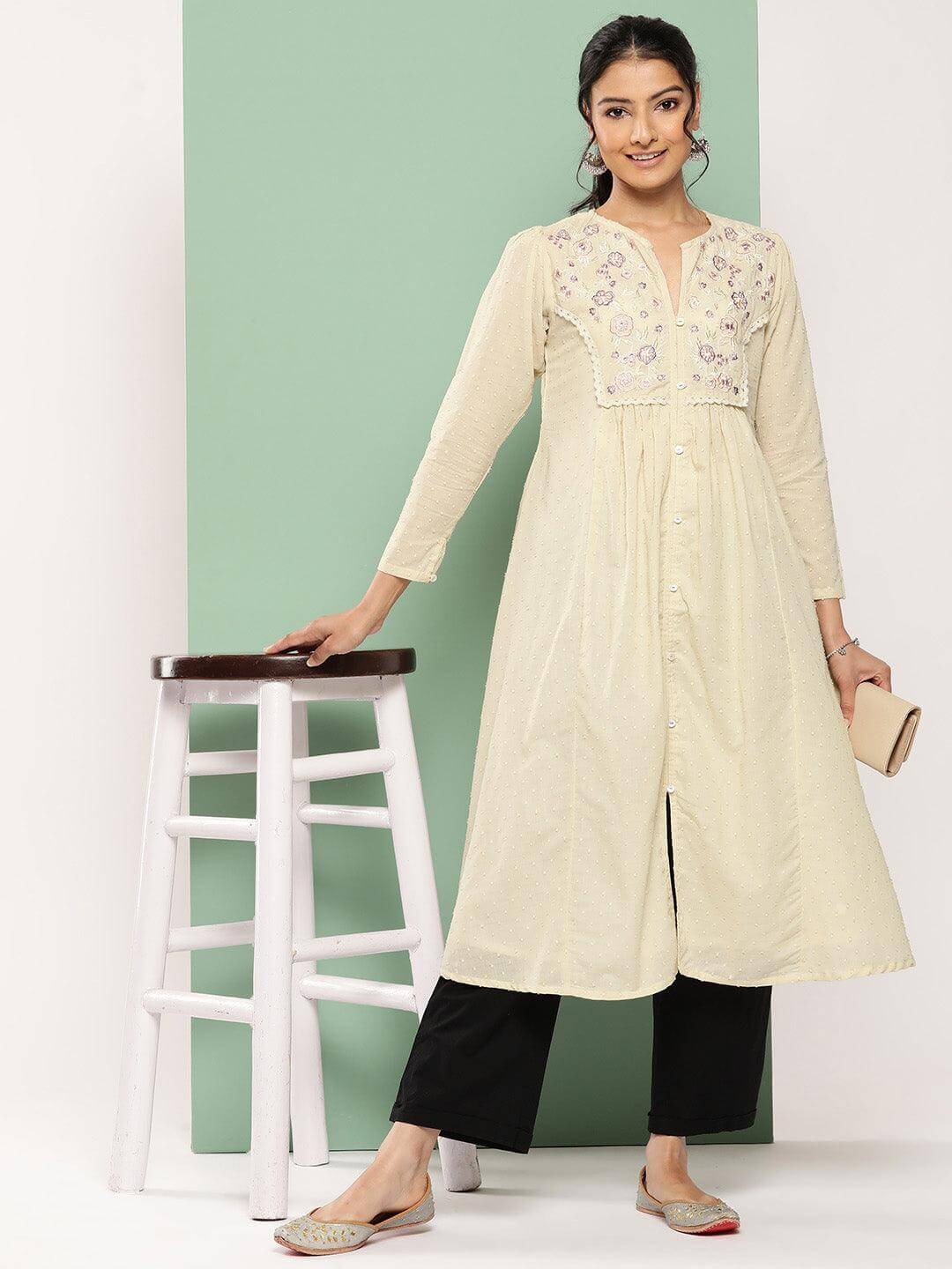 Off White Dobby Cotton Solid A-Line Kurta