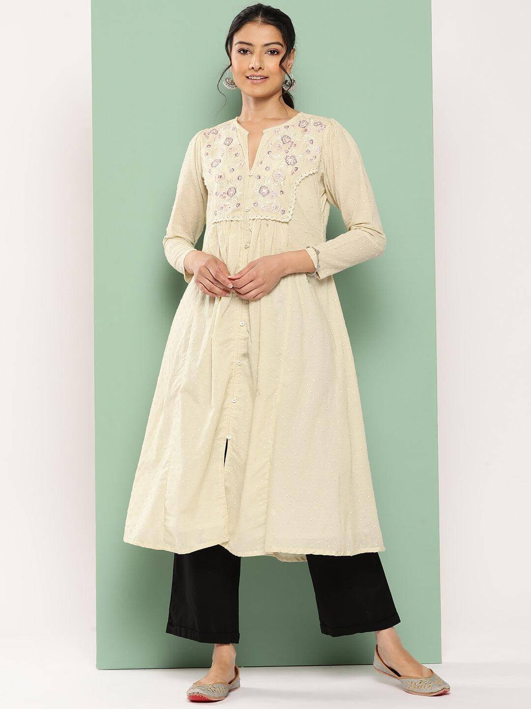 Off White Dobby Cotton Solid A-Line Kurta