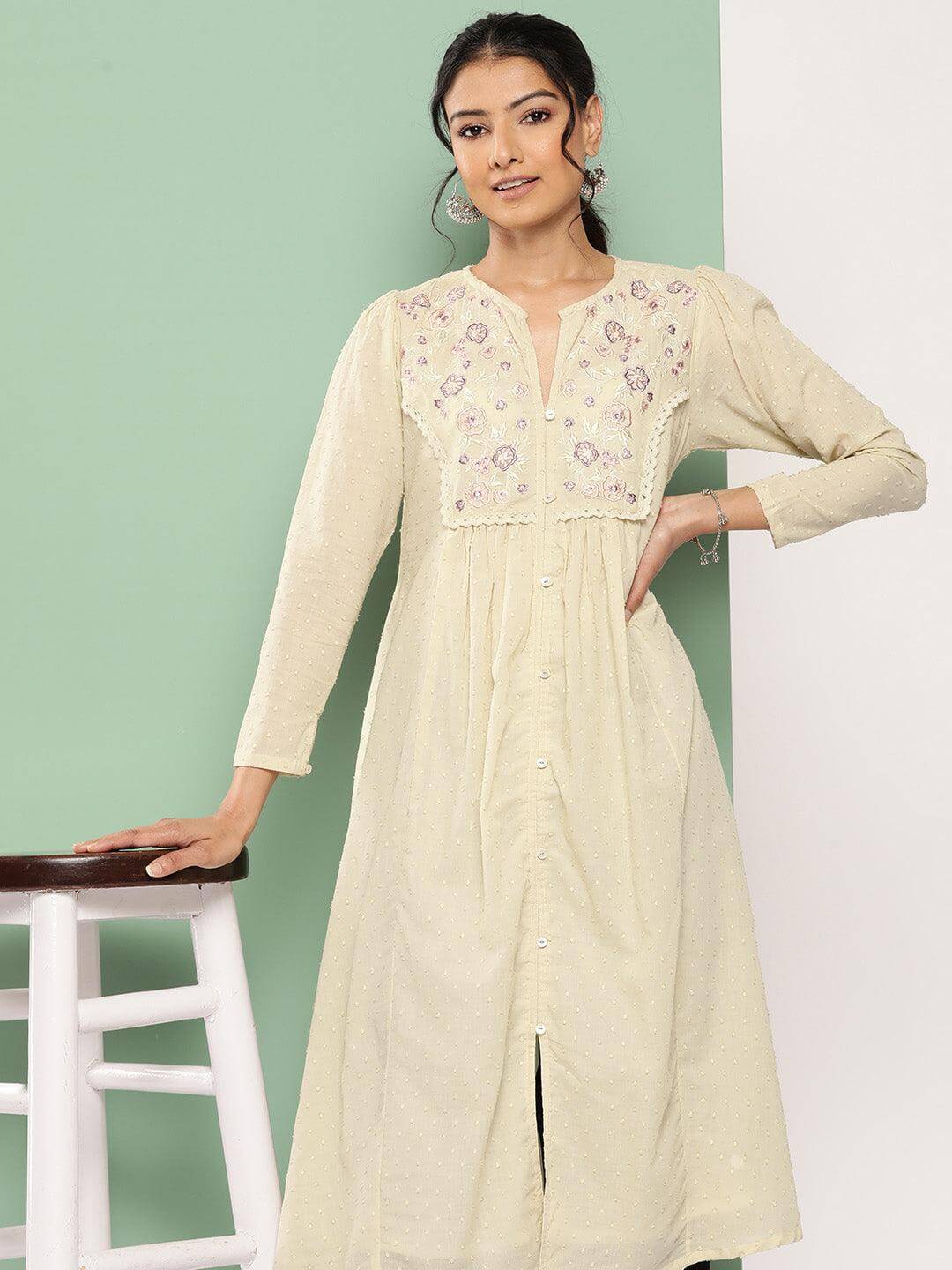 Off White Dobby Cotton Solid A-Line Kurta