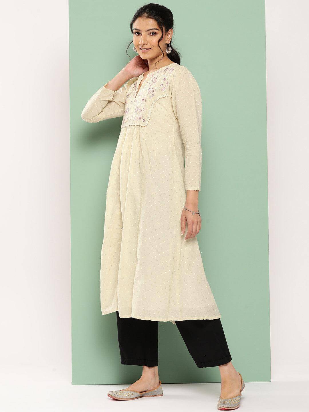 Off White Dobby Cotton Solid A-Line Kurta