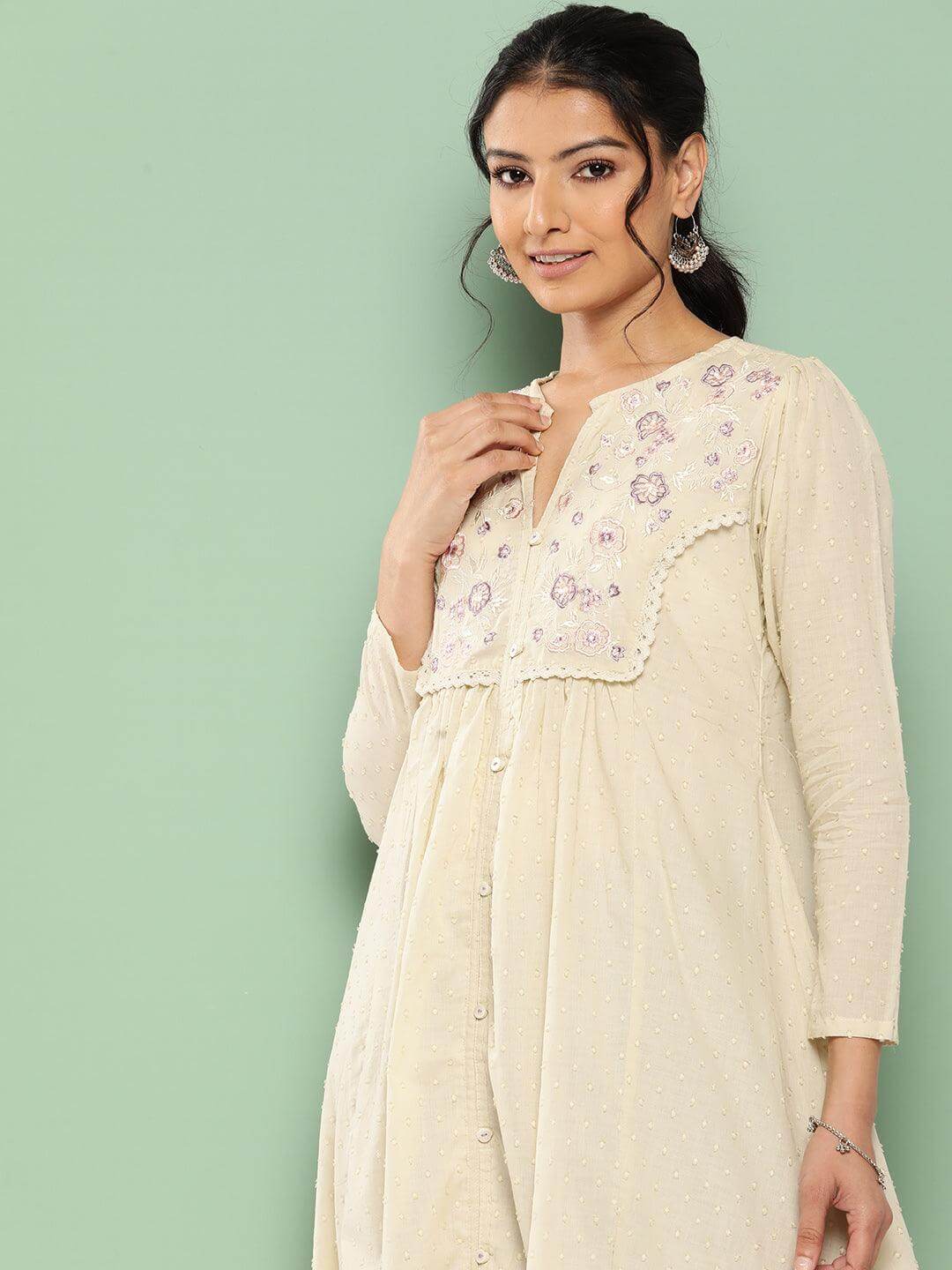 Off White Dobby Cotton Solid A-Line Kurta