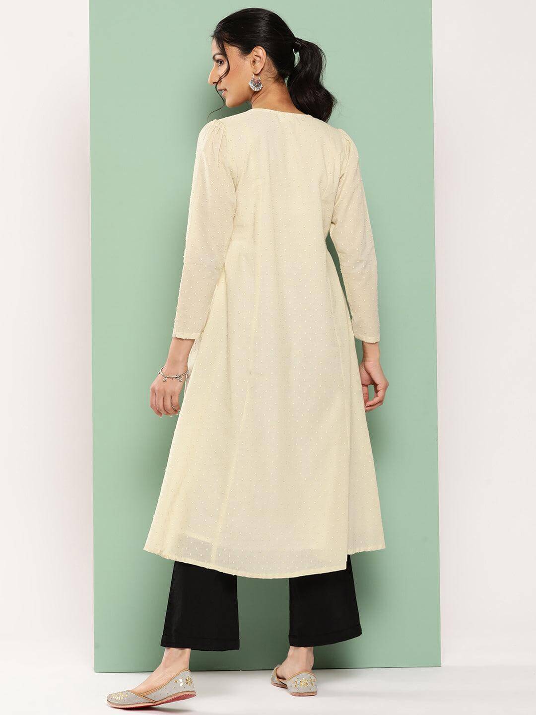 Off White Dobby Cotton Solid A-Line Kurta