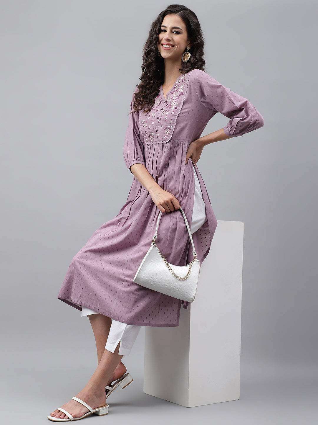 Lavender Dobby Cotton Solid Gathered Kurta