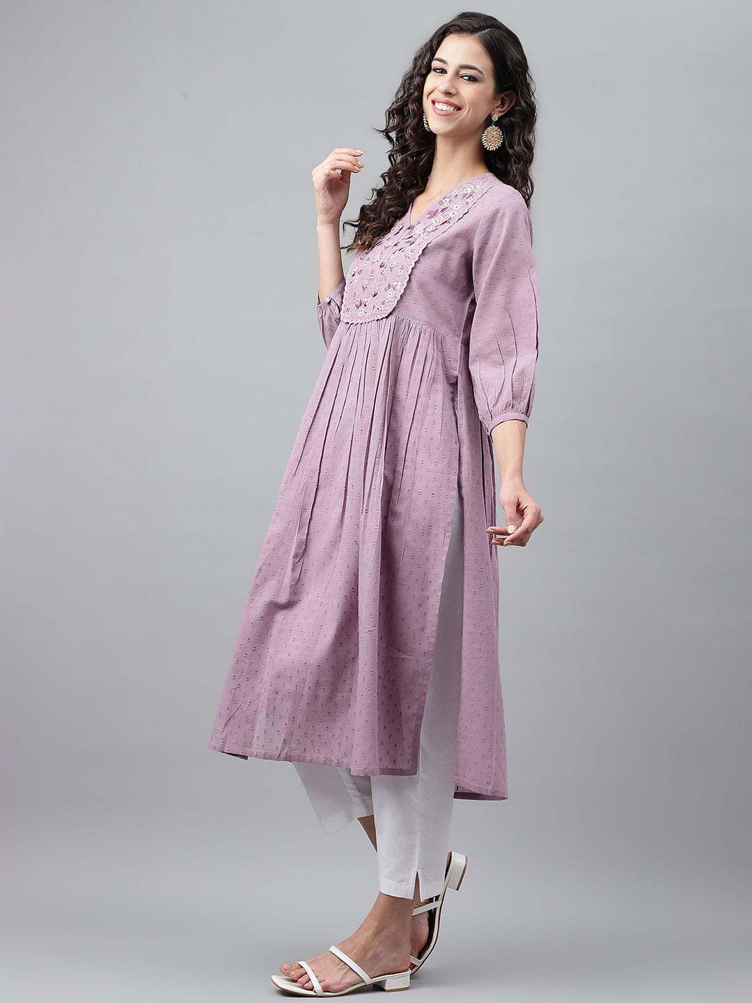 Lavender Dobby Cotton Solid Gathered Kurta