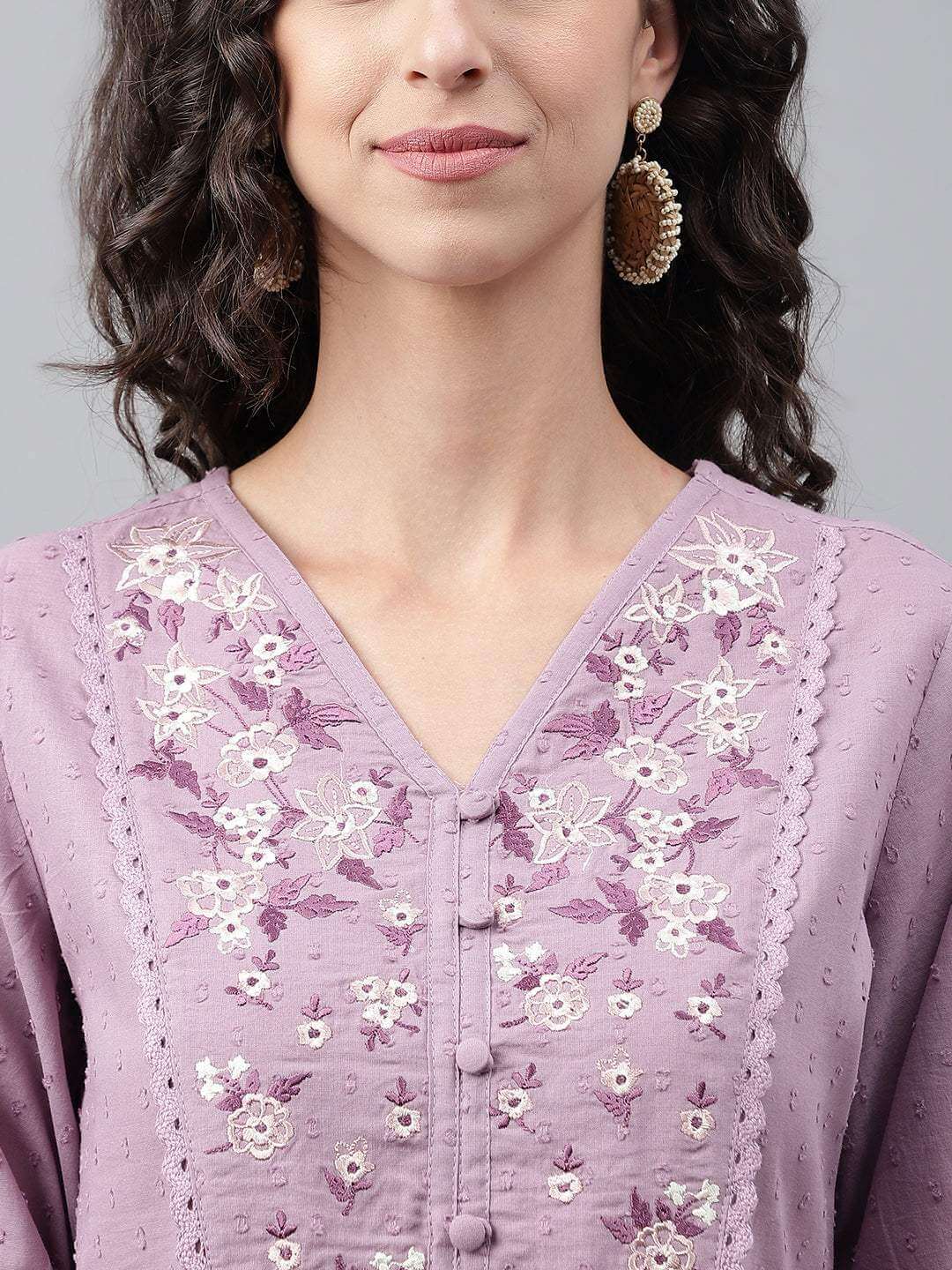 Lavender Dobby Cotton Solid Gathered Kurta