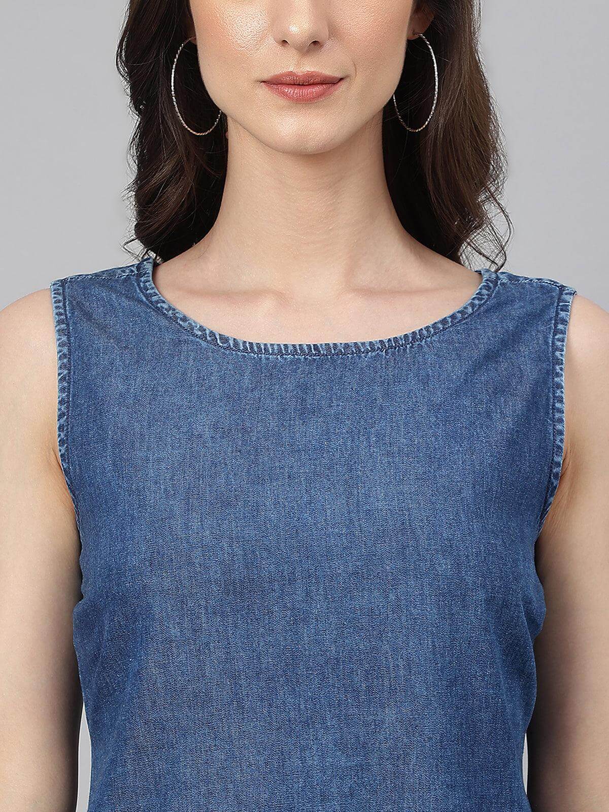 Blue Denim Solid Straight Western Dress