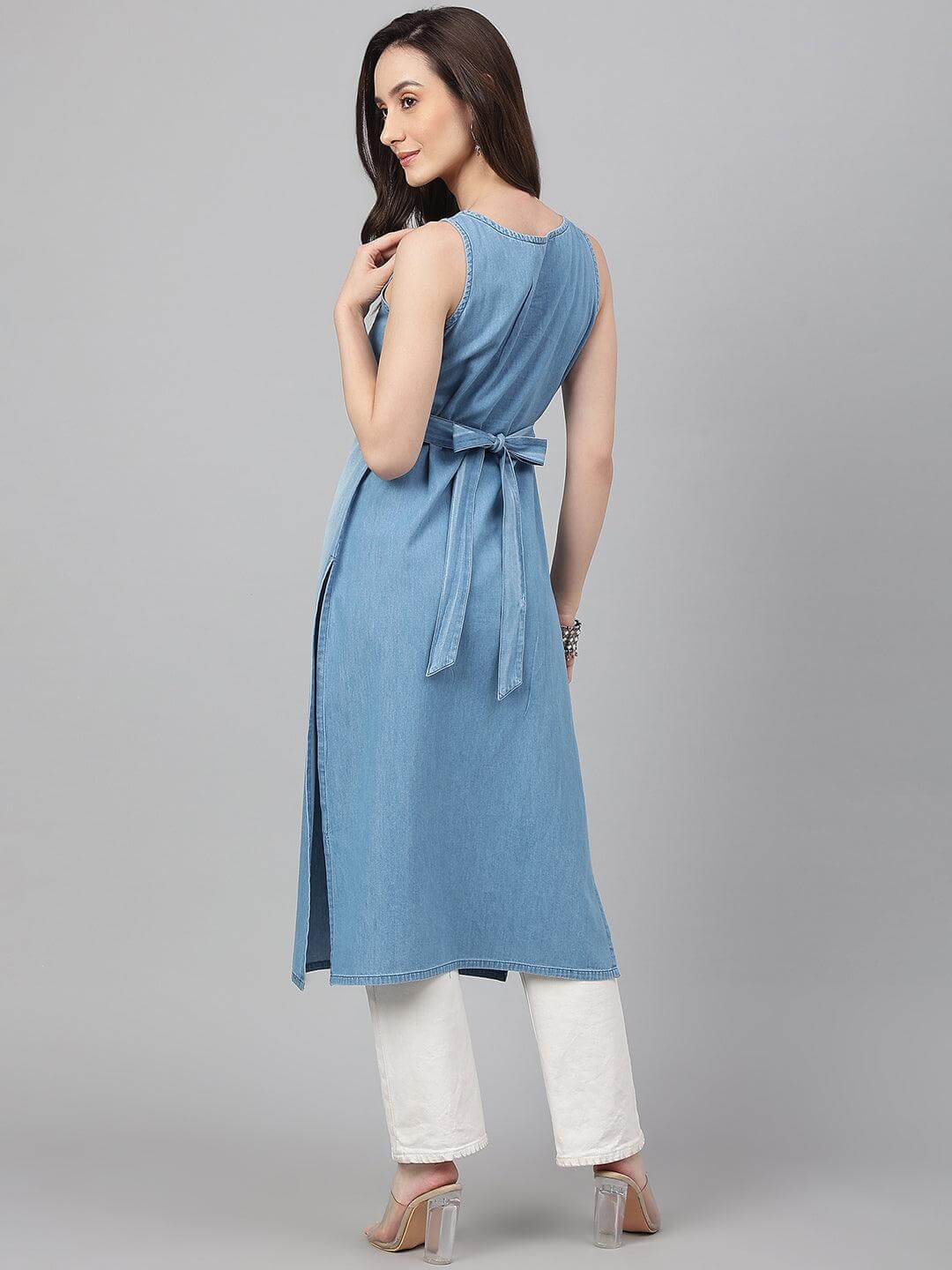 Light Blue Denim Solid Straight Kurta