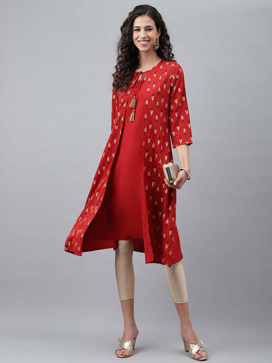 Red Crepe Ikat Printed Jacket Style Kurta