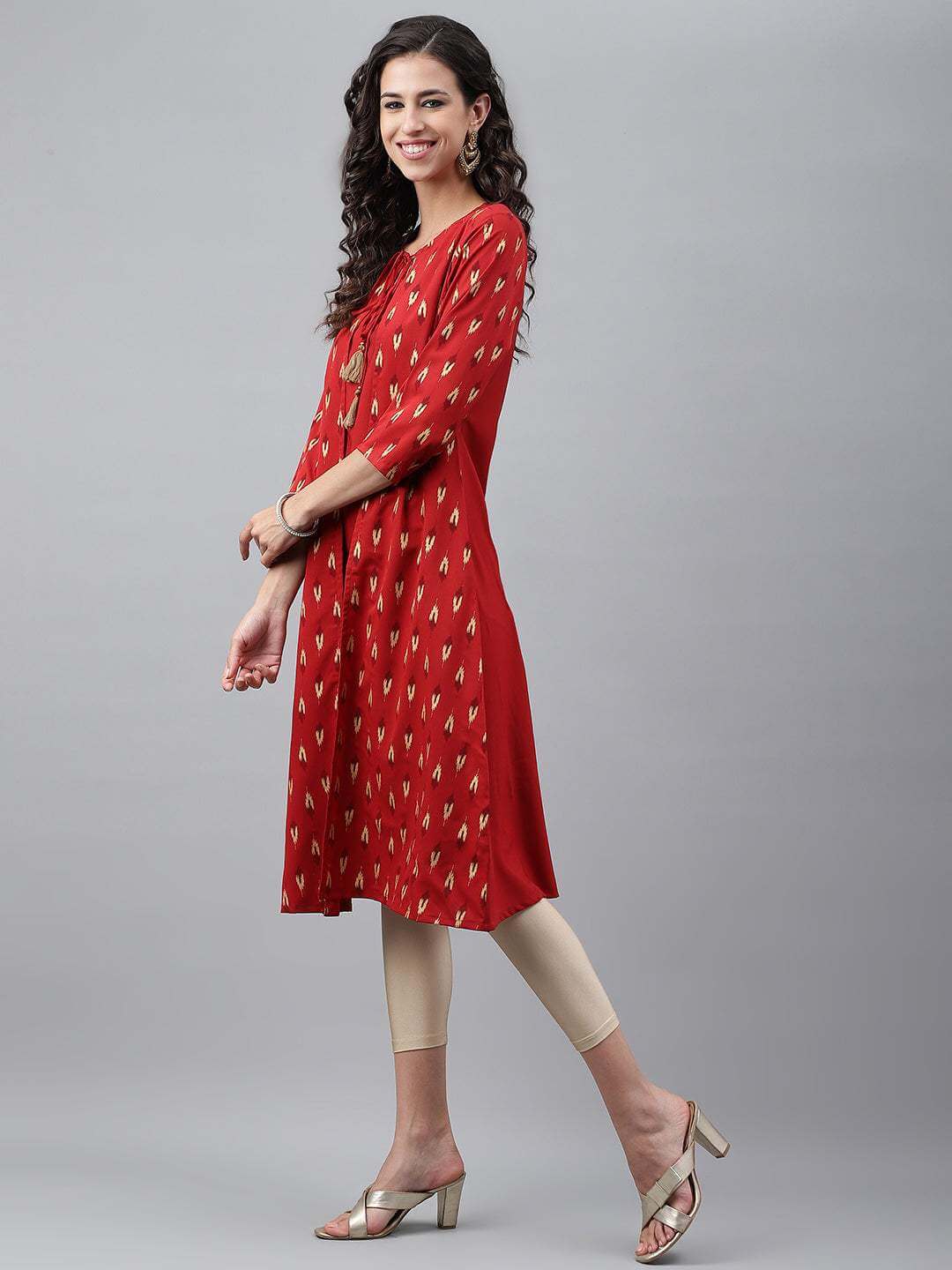 Red Crepe Ikat Printed Jacket Style Kurta