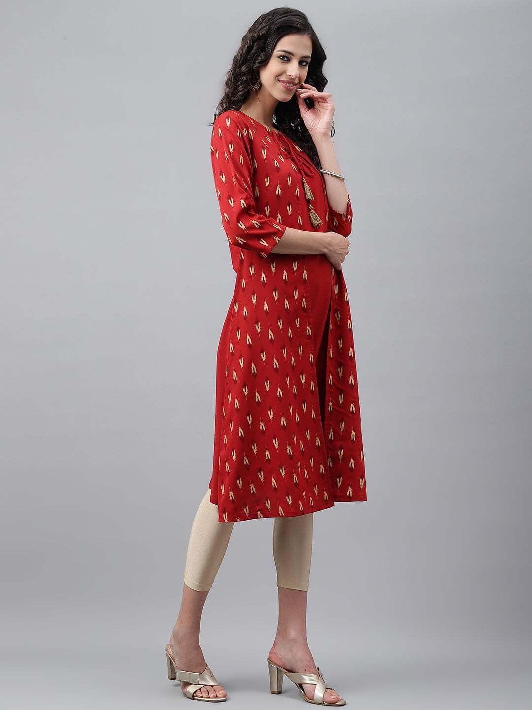 Red Crepe Ikat Printed Jacket Style Kurta
