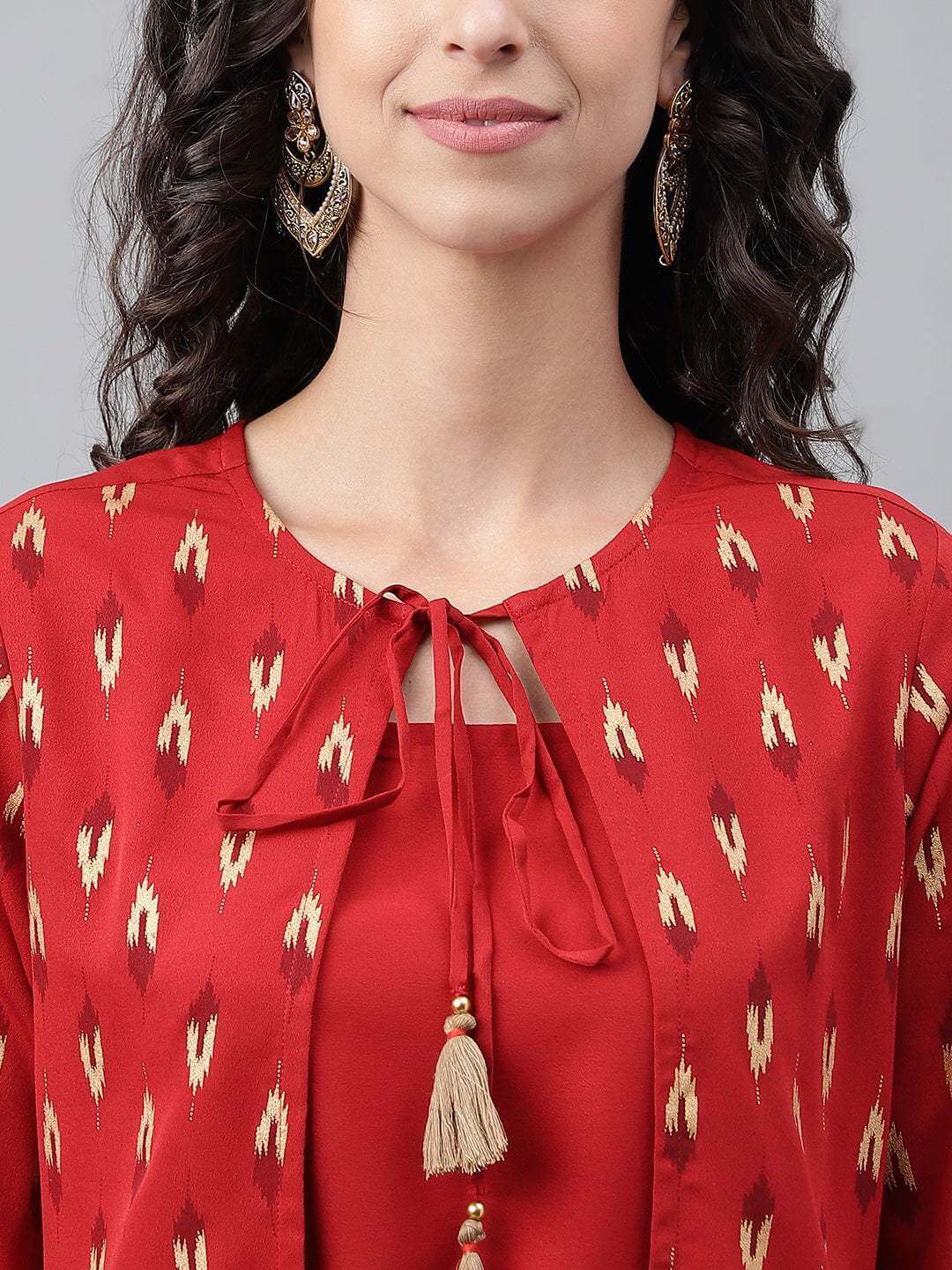 Red Crepe Ikat Printed Jacket Style Kurta