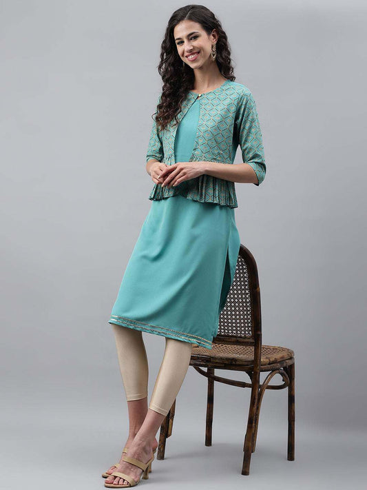 Green Crepe Foil Printed Jacket Style Kurta