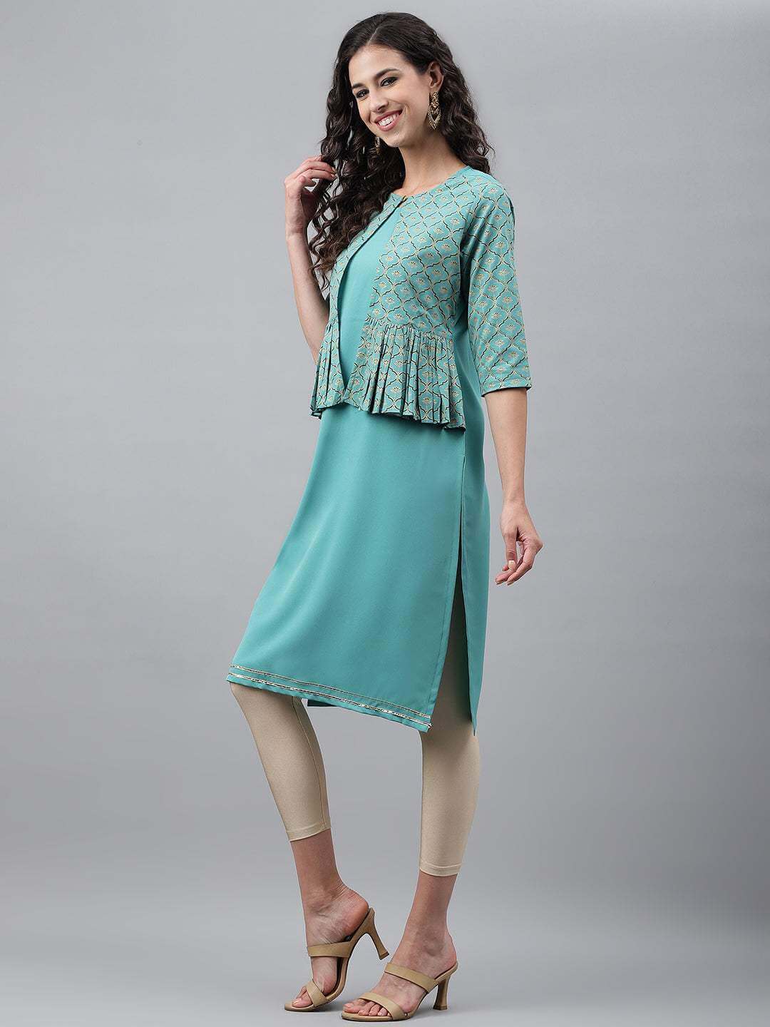 Green Crepe Foil Printed Jacket Style Kurta