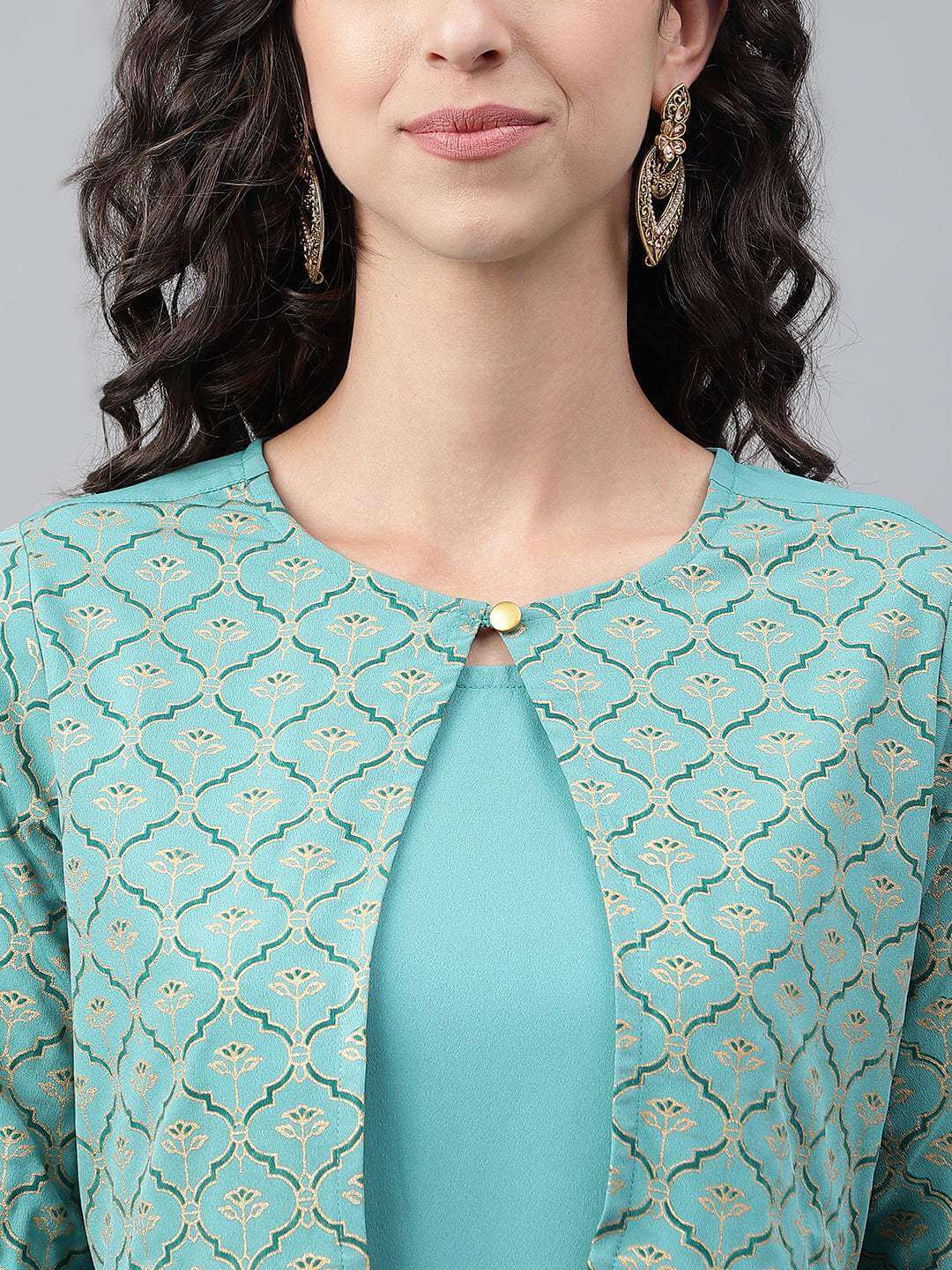 Green Crepe Foil Printed Jacket Style Kurta