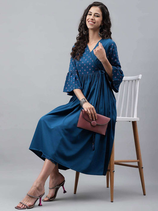 Blue Crepe Solid Angrakha Kurta