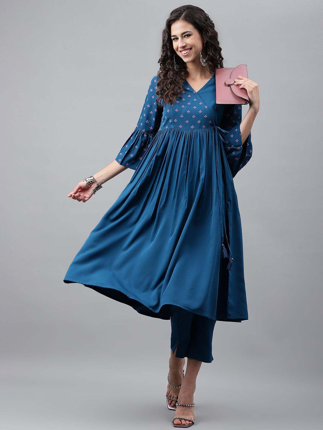 Blue Crepe Solid Angrakha Kurta