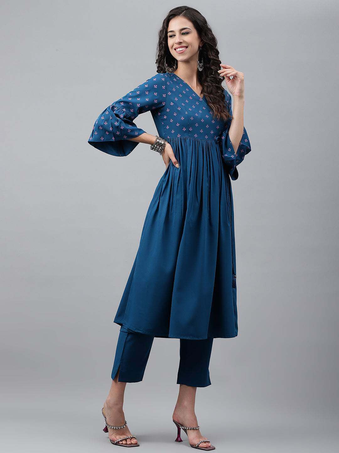 Blue Crepe Solid Angrakha Kurta