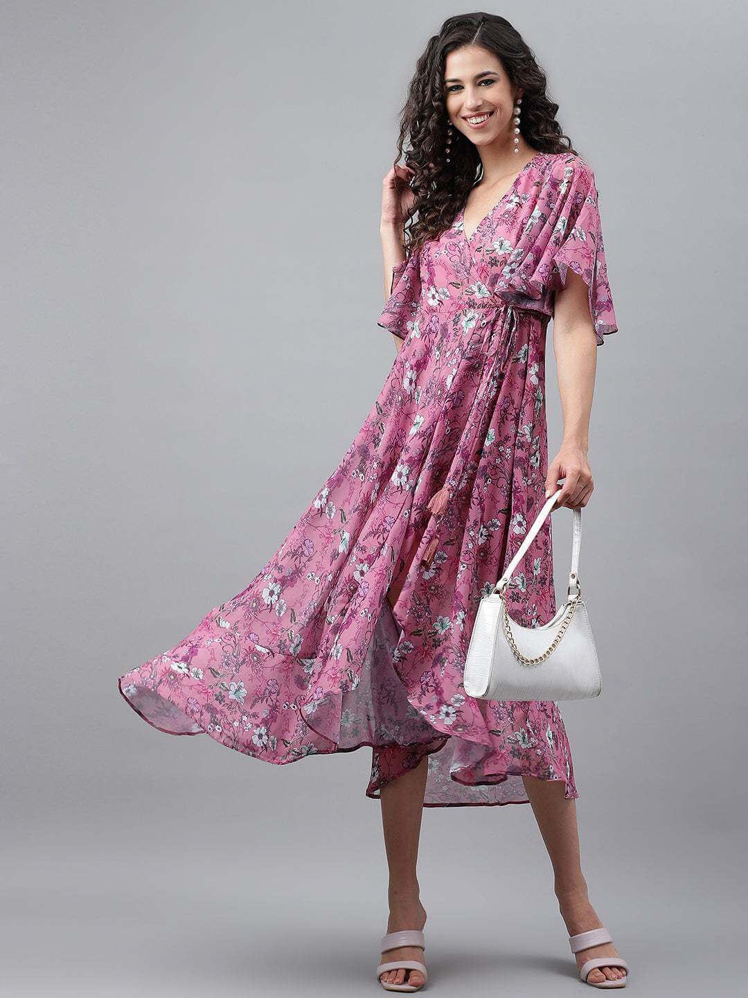 Pink Georgette Digital Printed Wrap Dress