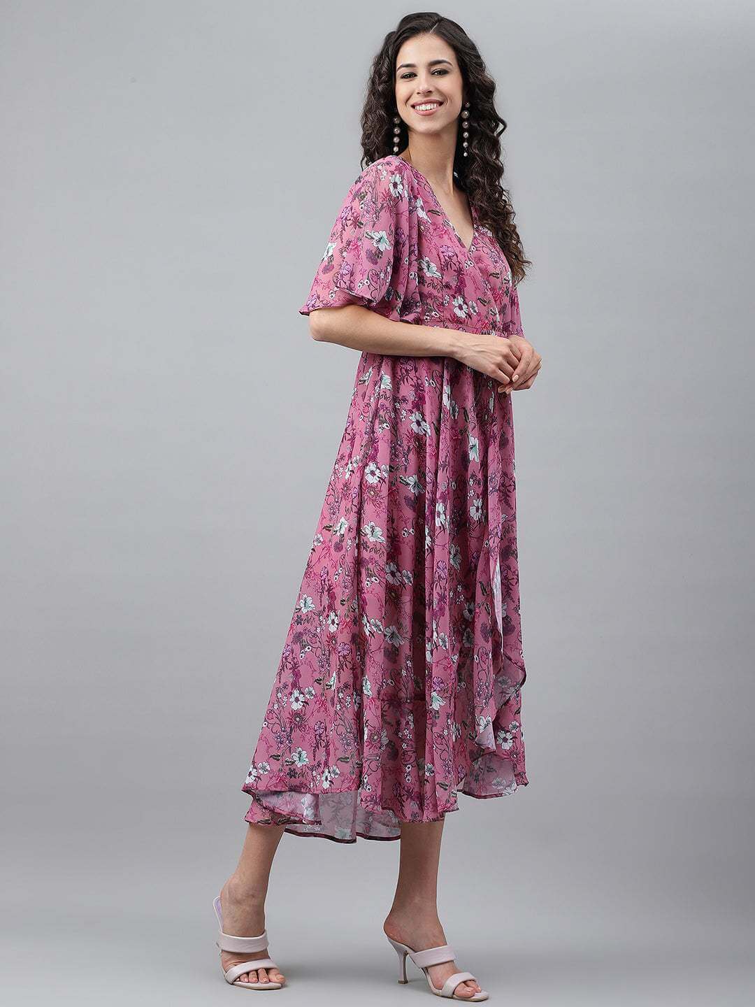 Pink Georgette Digital Printed Wrap Dress