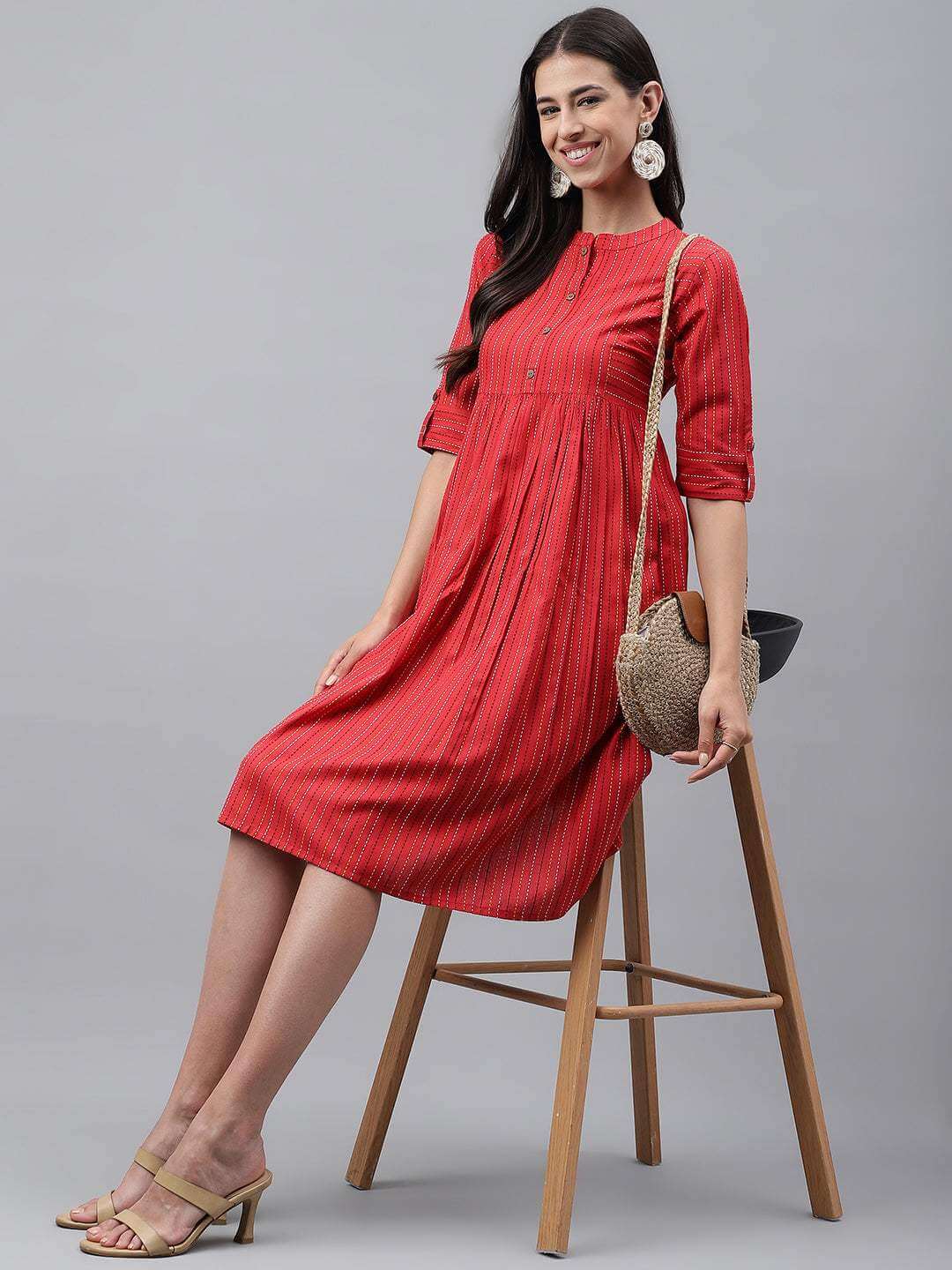 Red Cotton Woven Design Flared Dress