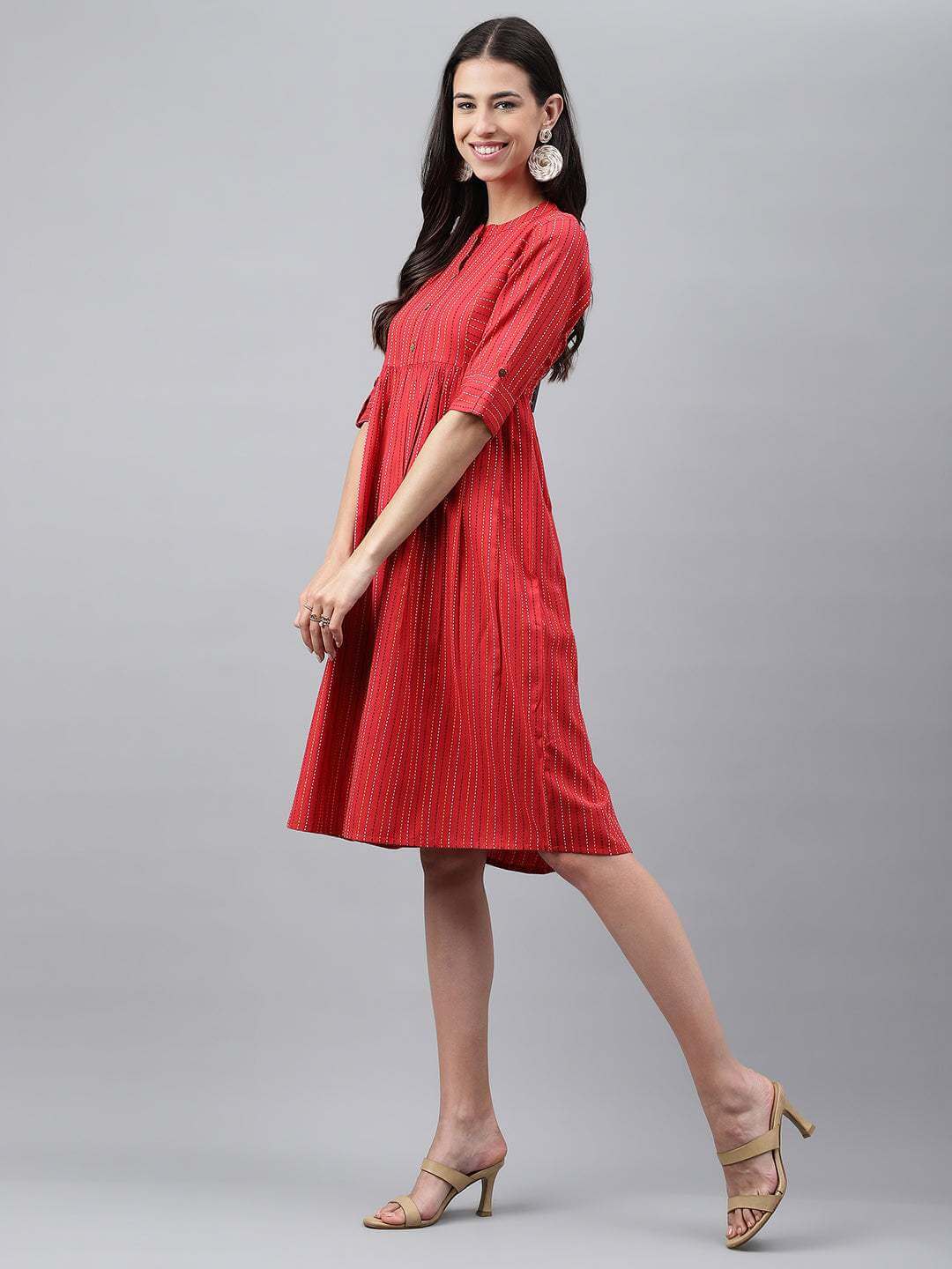 Red Cotton Woven Design Flared Dress