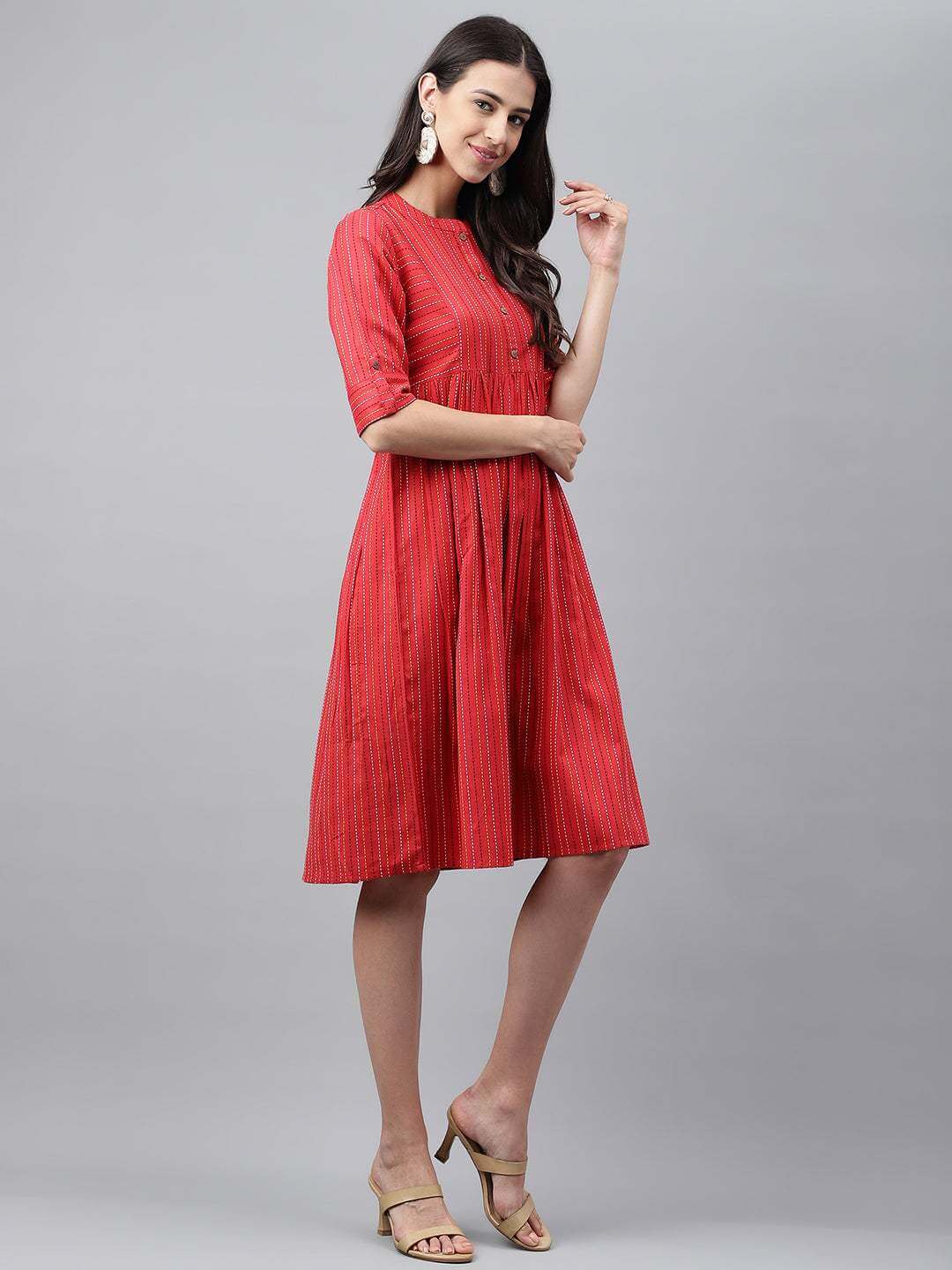 Red Cotton Woven Design Flared Dress