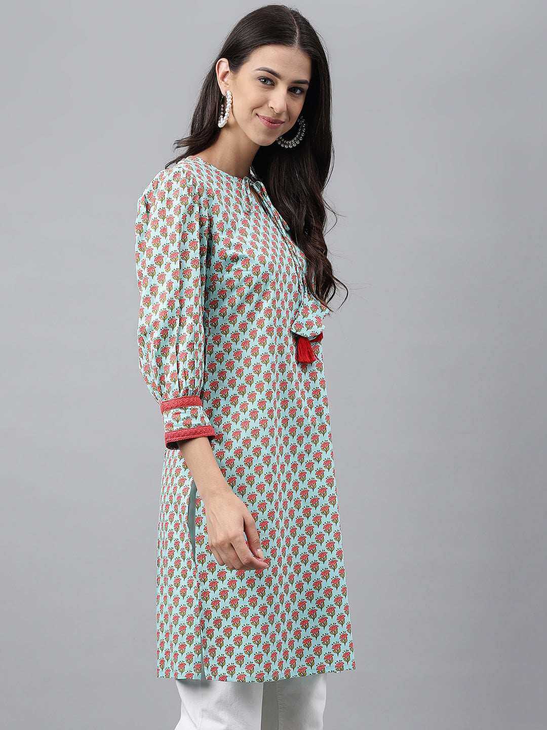 Light Green Cotton Floral Printed Regular Tunic