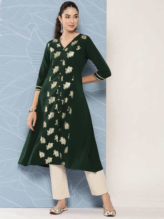 Bottle Green Crepe Foil Printed A-Line Kurta