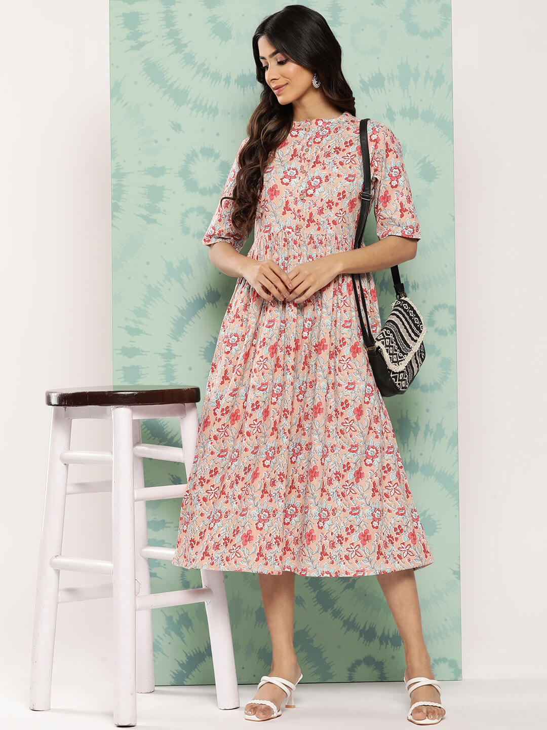 Peach Cotton Floral Printed Gathered Dress