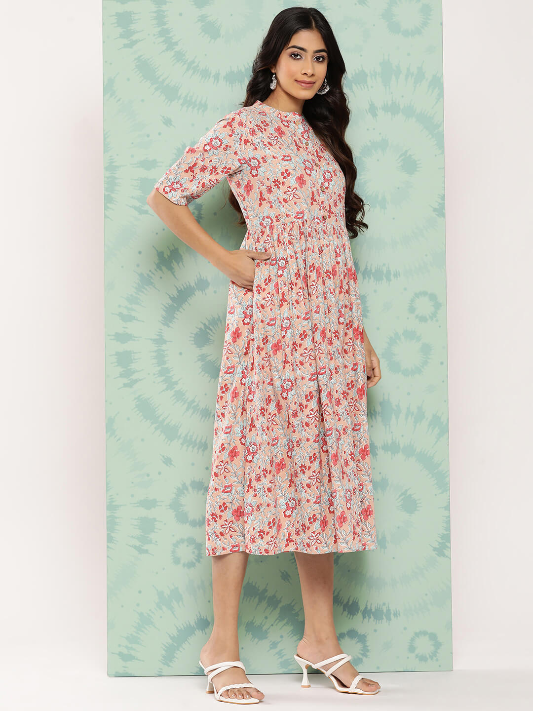 Peach Cotton Floral Printed Gathered Dress
