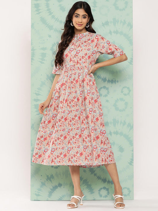 Peach Cotton Floral Printed Gathered Dress