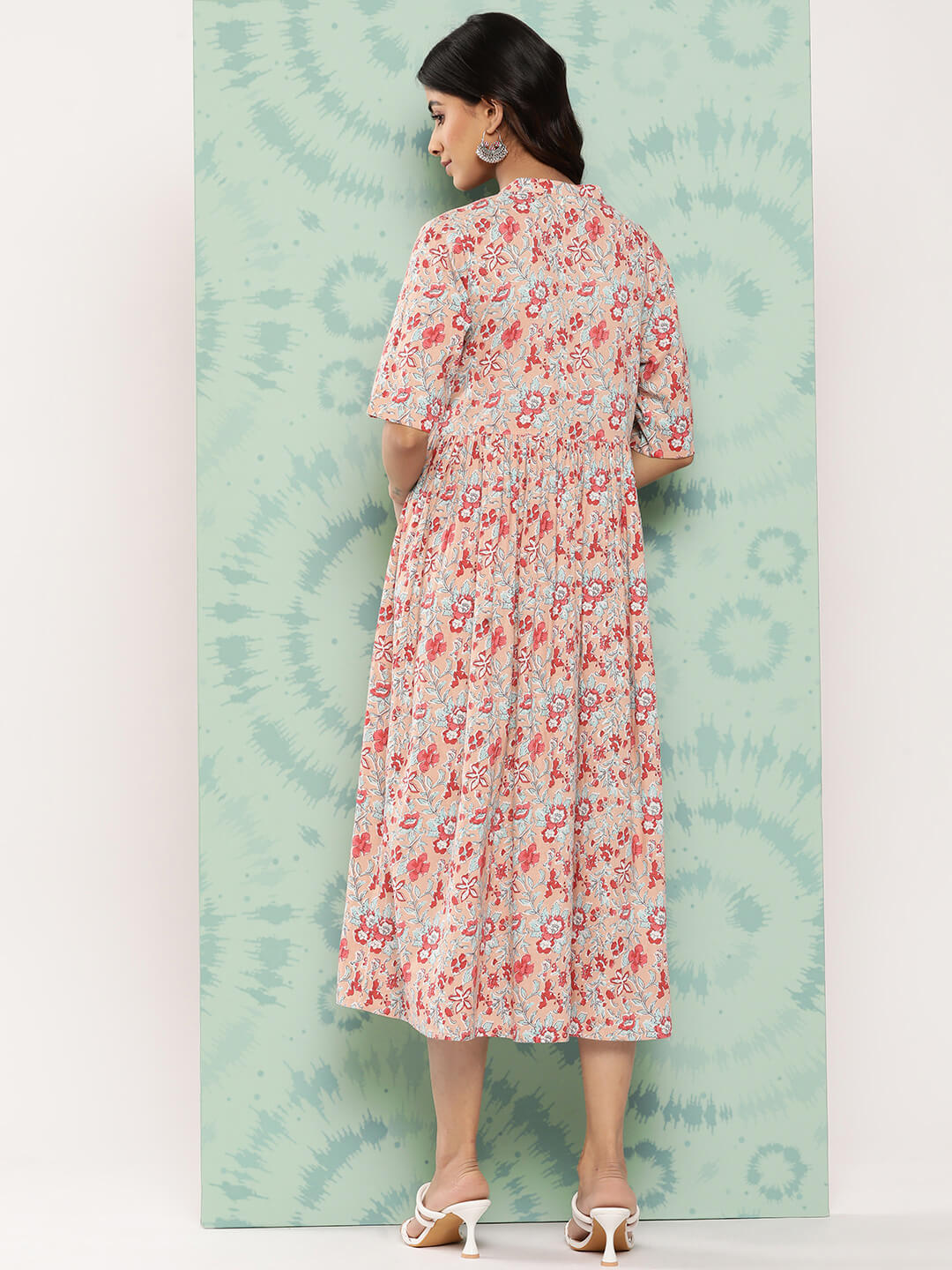 Peach Cotton Floral Printed Gathered Dress