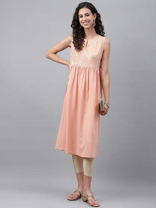 Peach Crepe Foil Printed Gathered Kurta