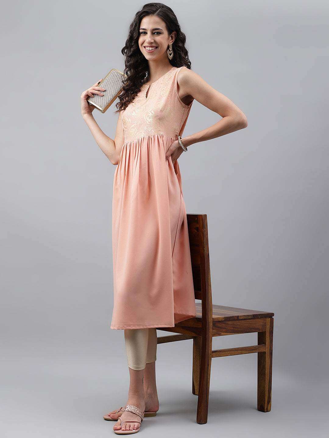 Peach Crepe Foil Printed Gathered Kurta