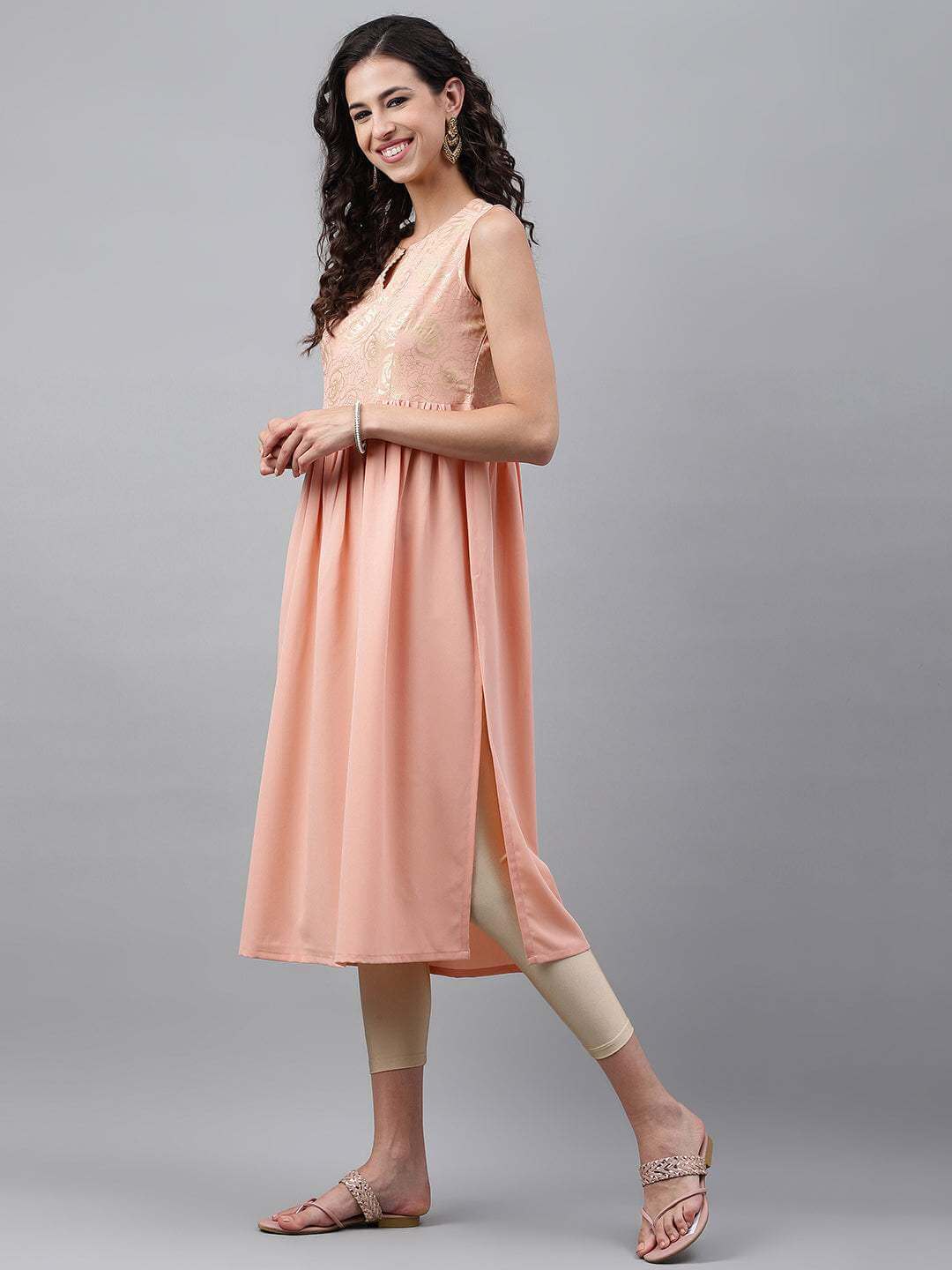 Peach Crepe Foil Printed Gathered Kurta