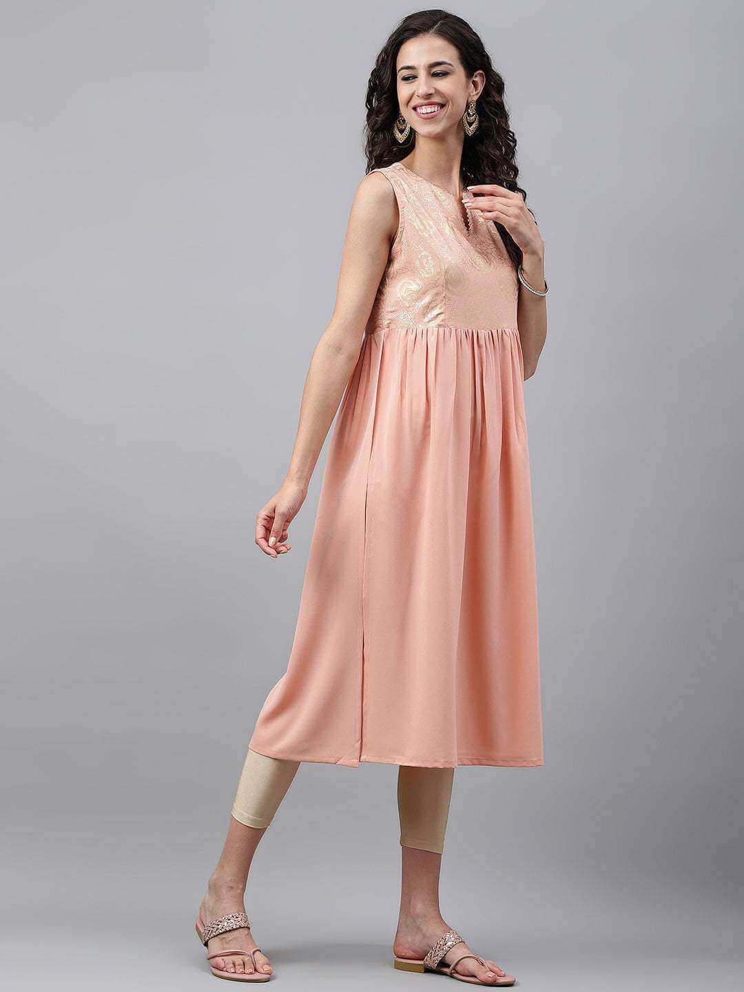 Peach Crepe Foil Printed Gathered Kurta