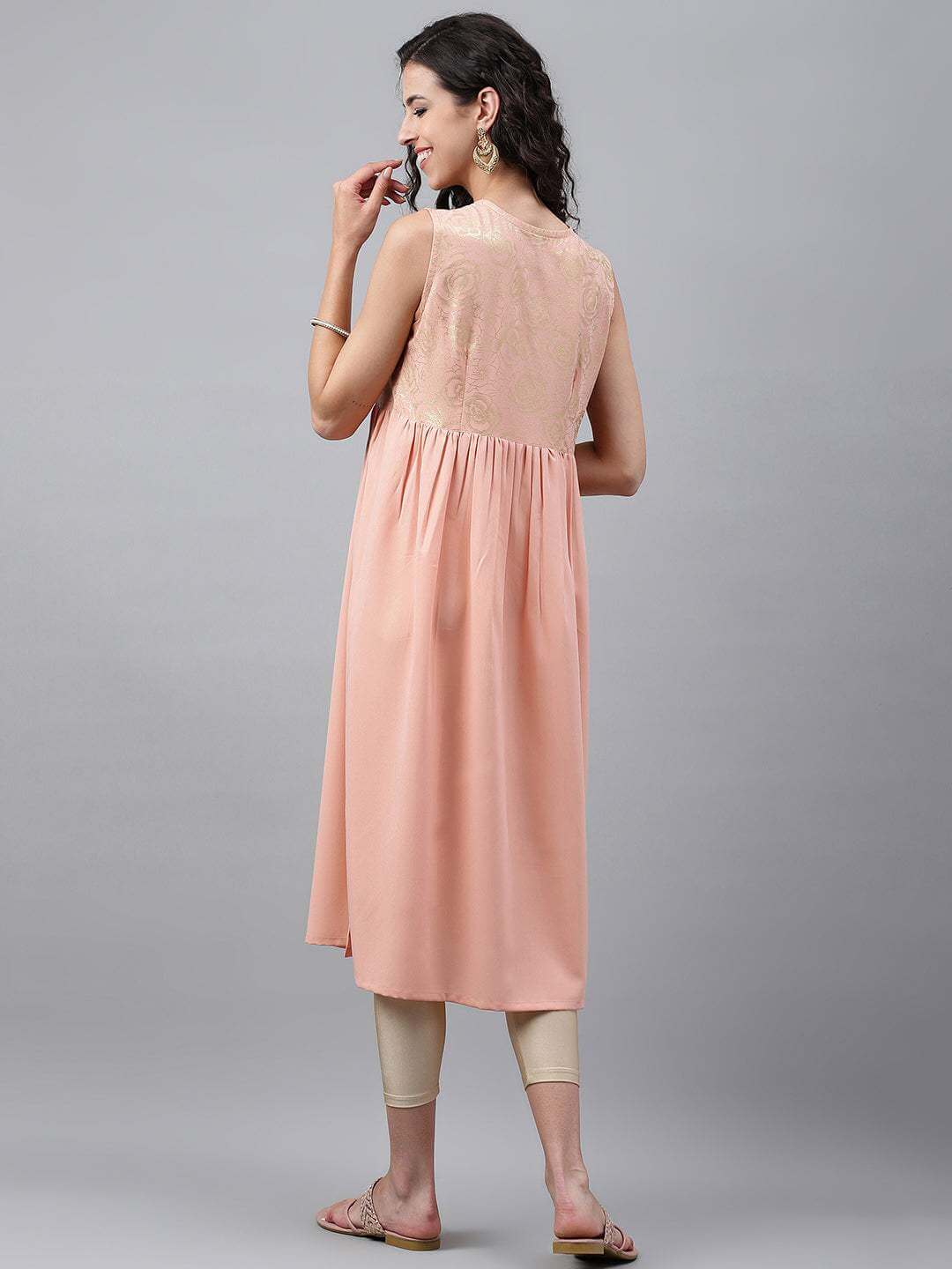 Peach Crepe Foil Printed Gathered Kurta