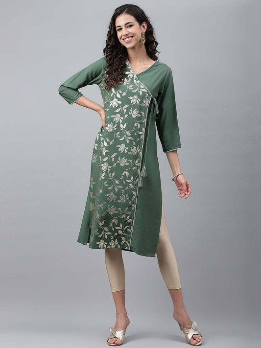 Green Crepe Foil Printed Angrakha Kurta