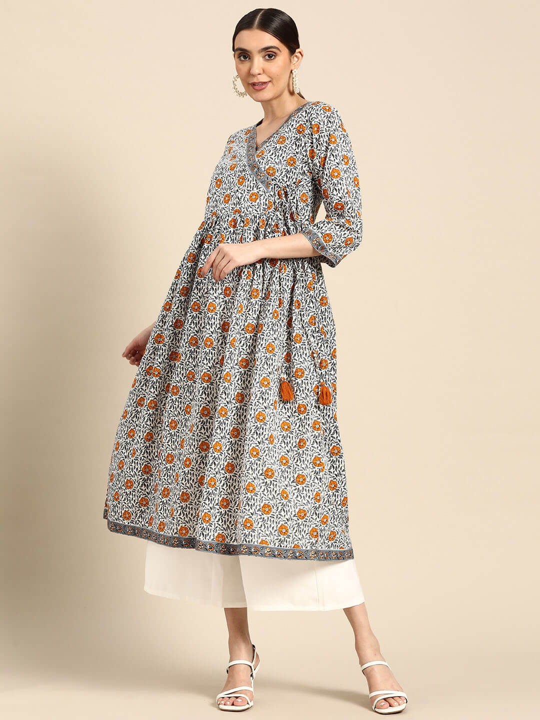 White Cotton Floral Printed Angrakha Kurta