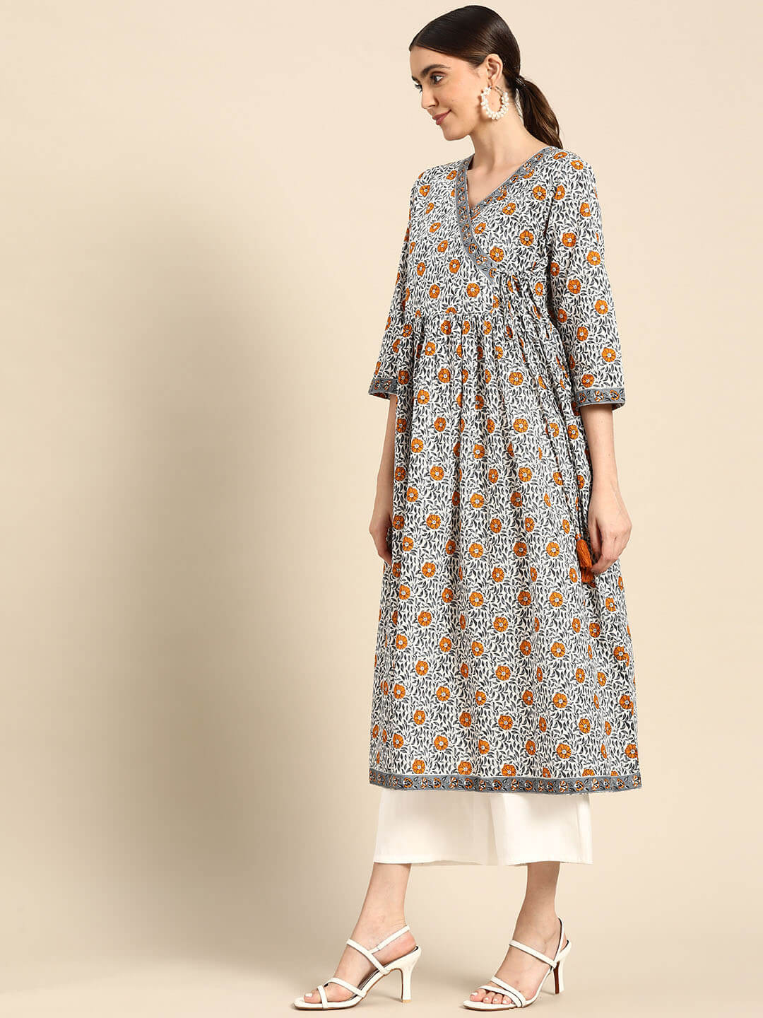 White Cotton Floral Printed Angrakha Kurta