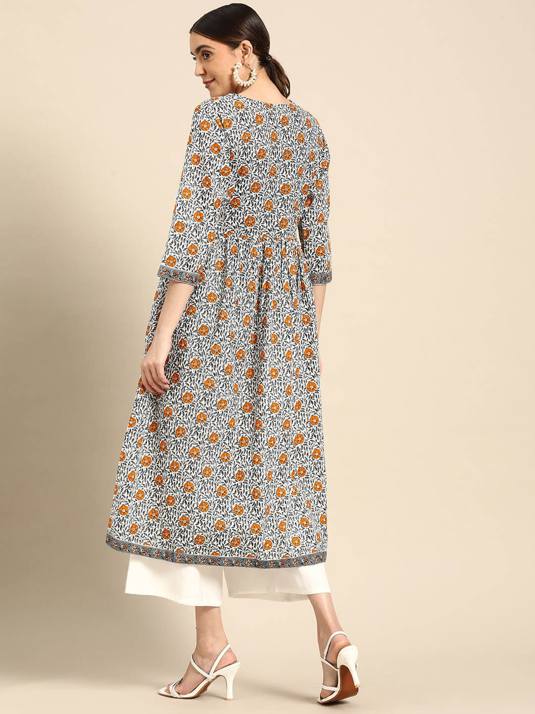 White Cotton Floral Printed Angrakha Kurta
