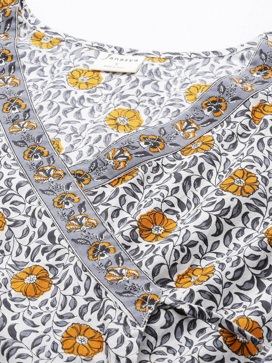 White Cotton Floral Printed Angrakha Kurta