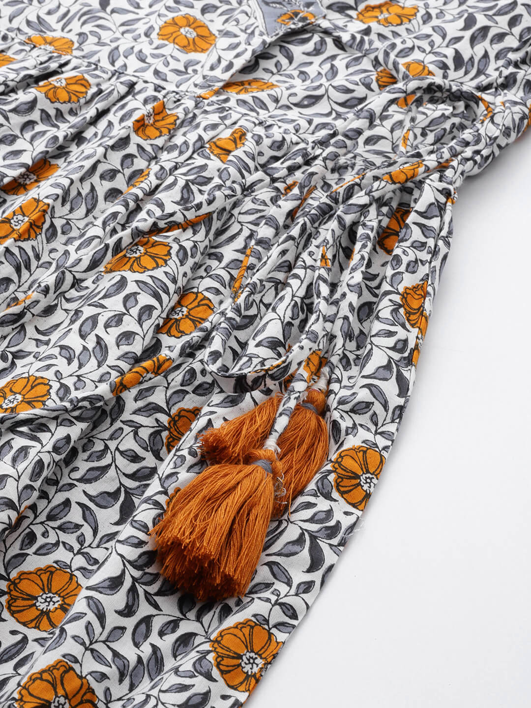 White Cotton Floral Printed Angrakha Kurta