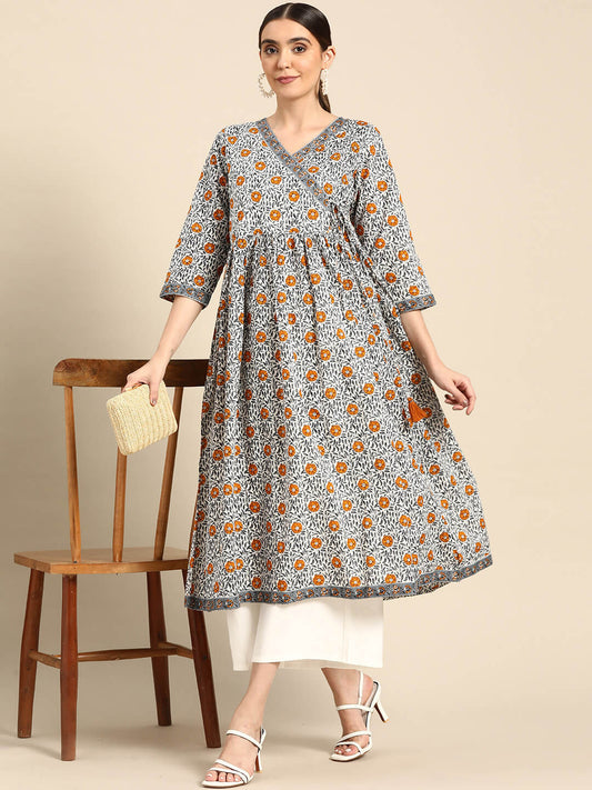 White Cotton Floral Printed Angrakha Kurta