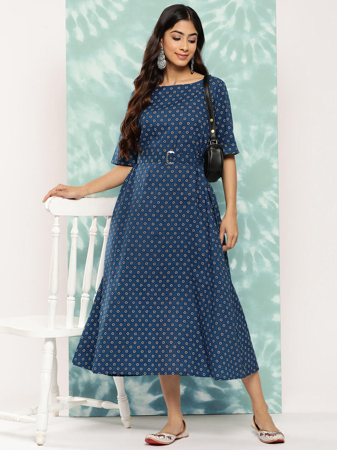 Navy Blue Cotton Floral Printed A Line Dress