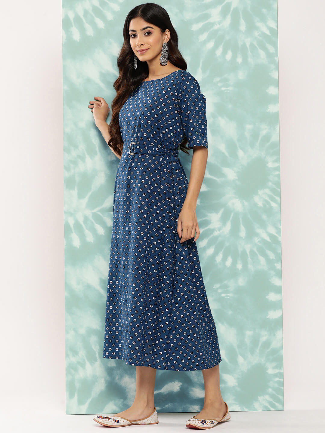 Navy Blue Cotton Floral Printed A Line Dress