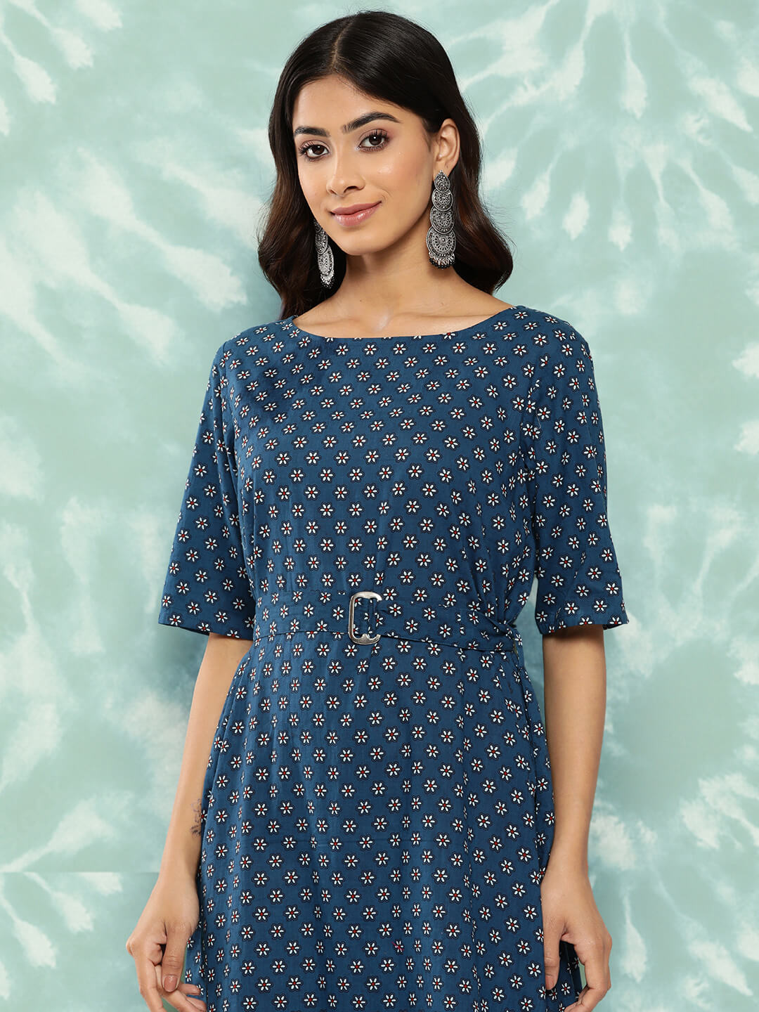 Navy Blue Cotton Floral Printed A Line Dress